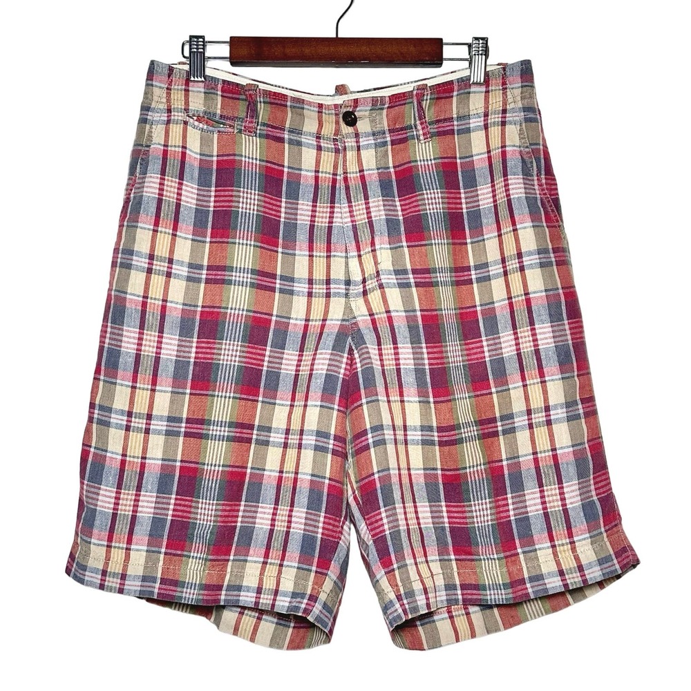 J. Crew | Men | 100% Linen Madras Plaid Broken In Relaxed Casual Shorts | 33